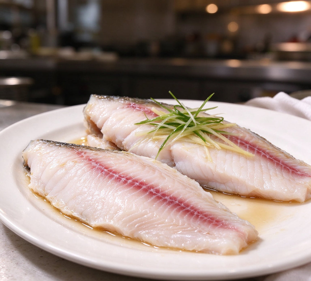 Fresh sea bream fillets with pink lateral line on a white plate