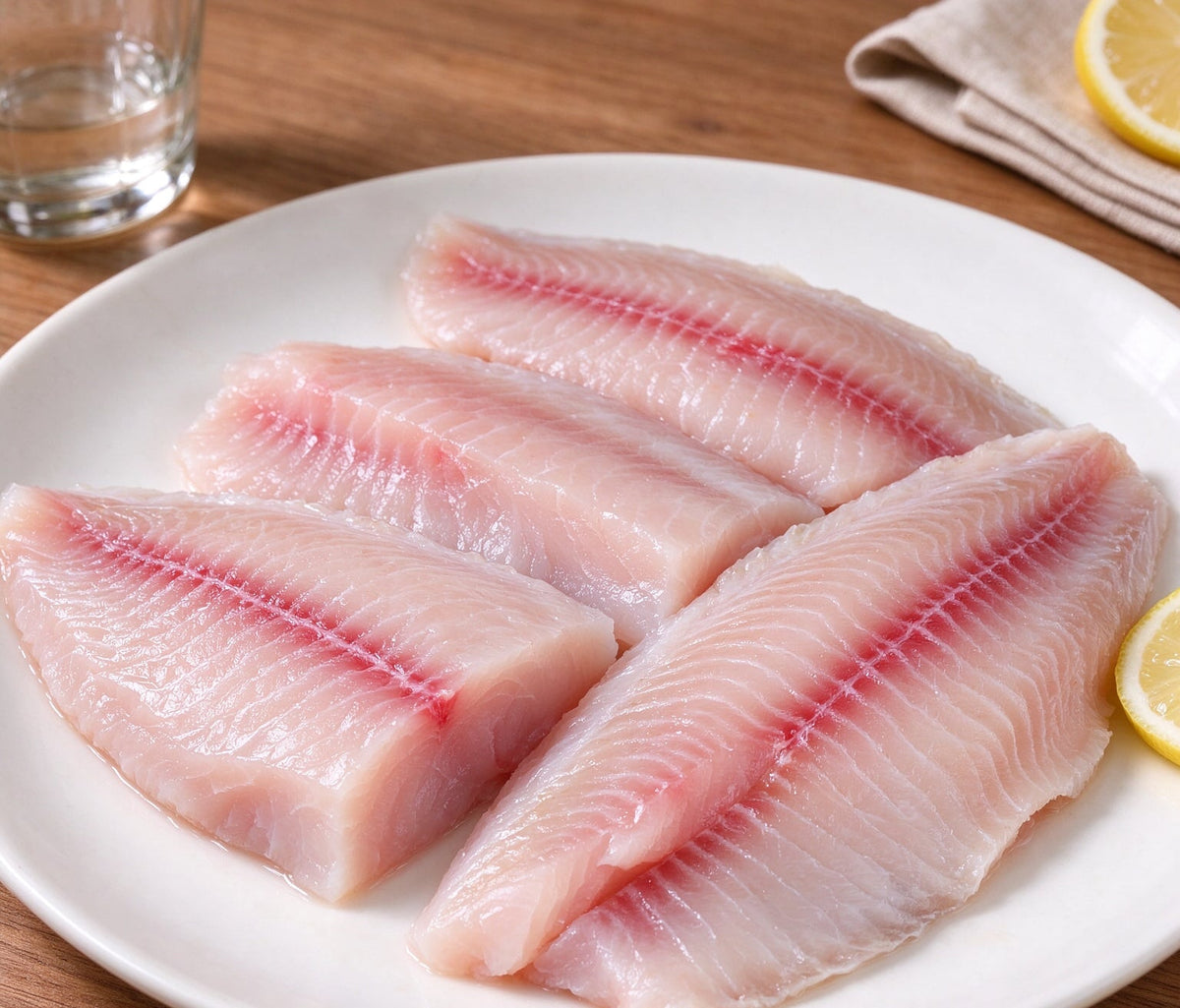 Fresh sea bream fillets with pink lateral line on a white plate (2)