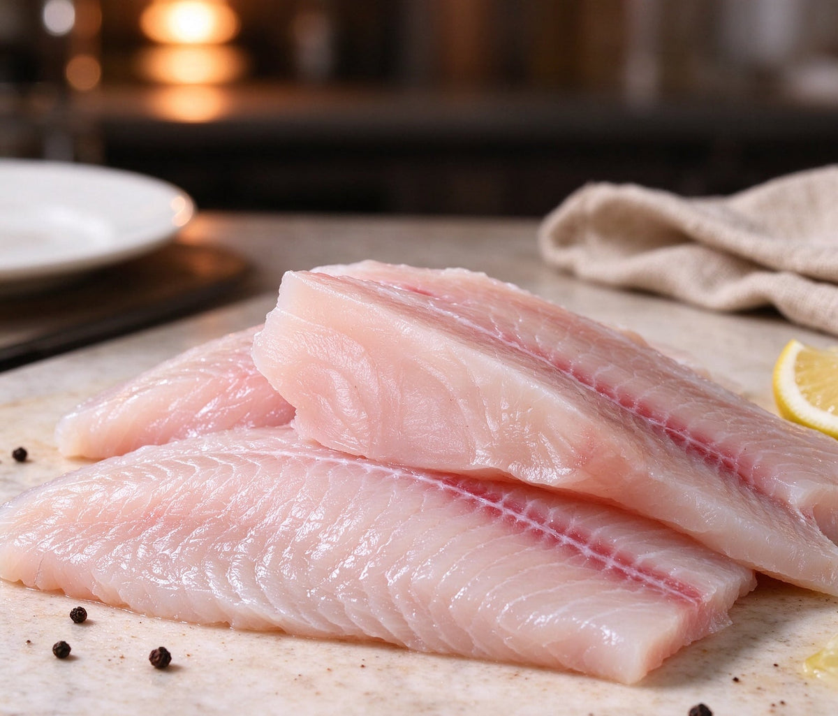 Fresh sea bream fillets with pink lateral line on a white plate (3)