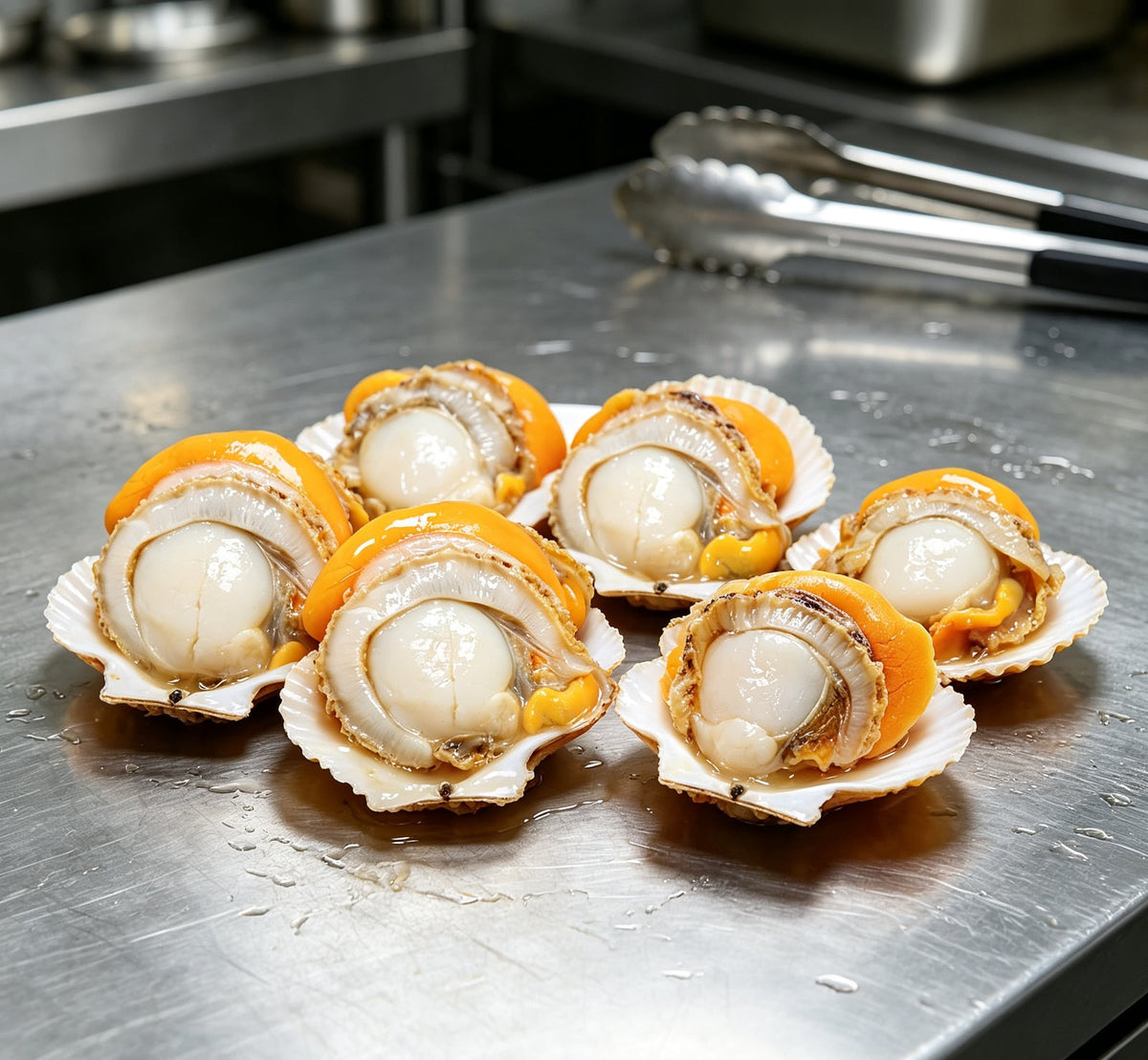 Fresh half-shell scallops with orange roe on a white plate (2)