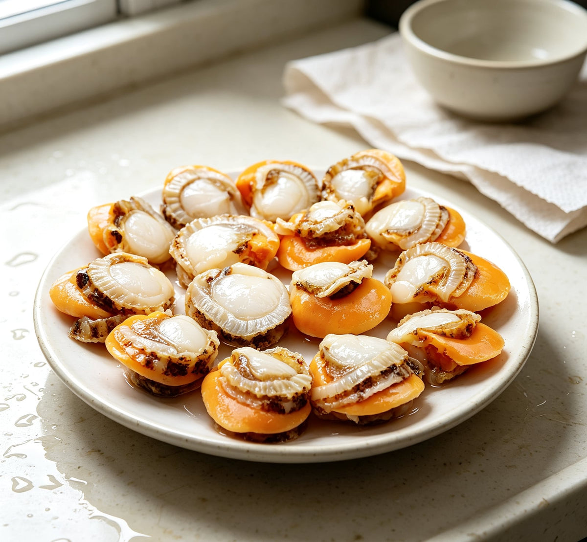 Fresh half-shell scallops with orange roe on a white plate (3)