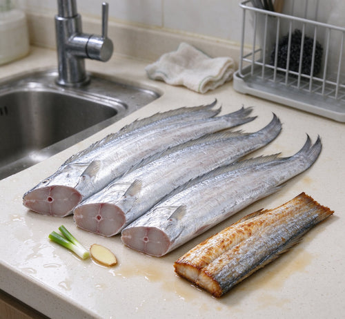 Fresh whole ribbonfish with silver scales on a kitchen bench