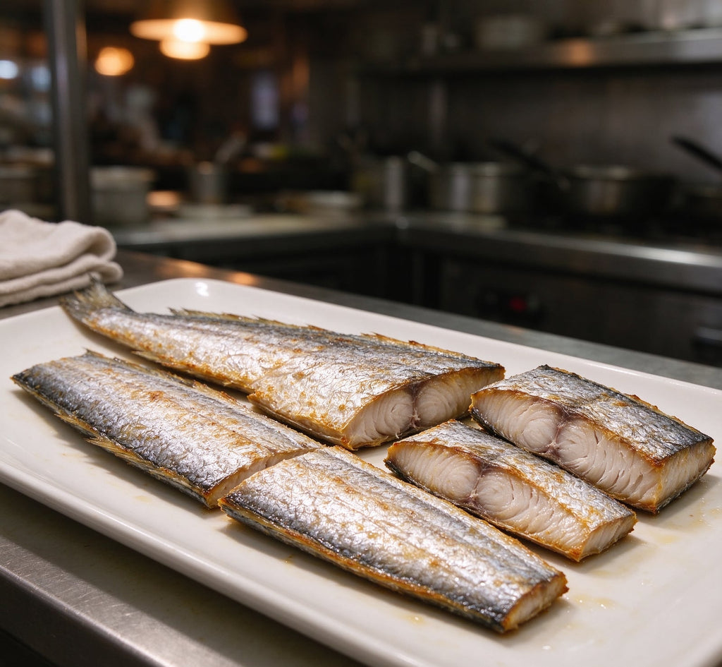 Fresh whole ribbonfish with silver scales on a kitchen bench (3)