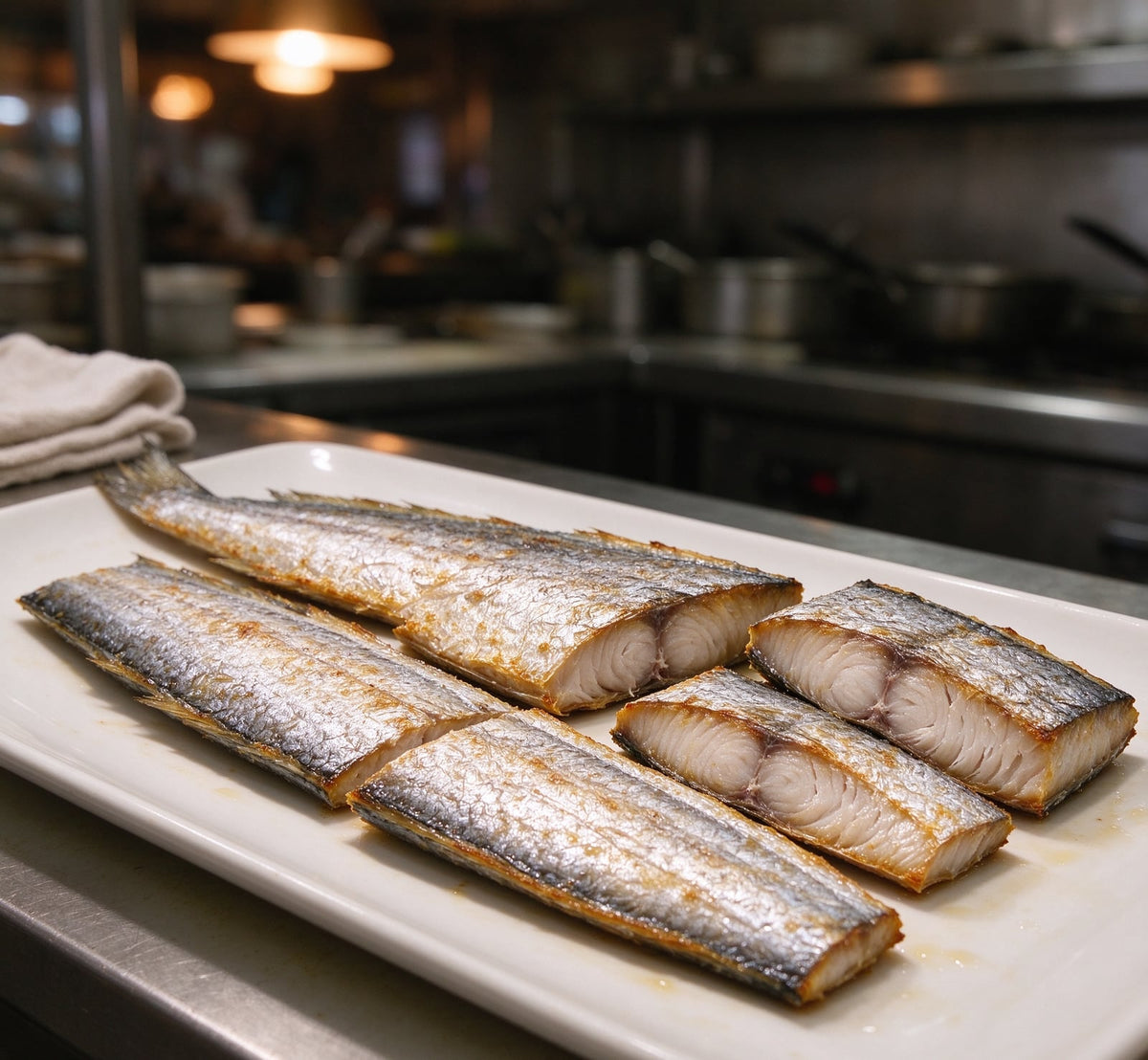Fresh whole ribbonfish with silver scales on a kitchen bench (3)