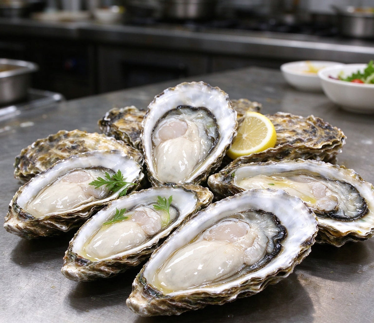 Fresh raw oysters in the shell, arranged in a bowl (2)