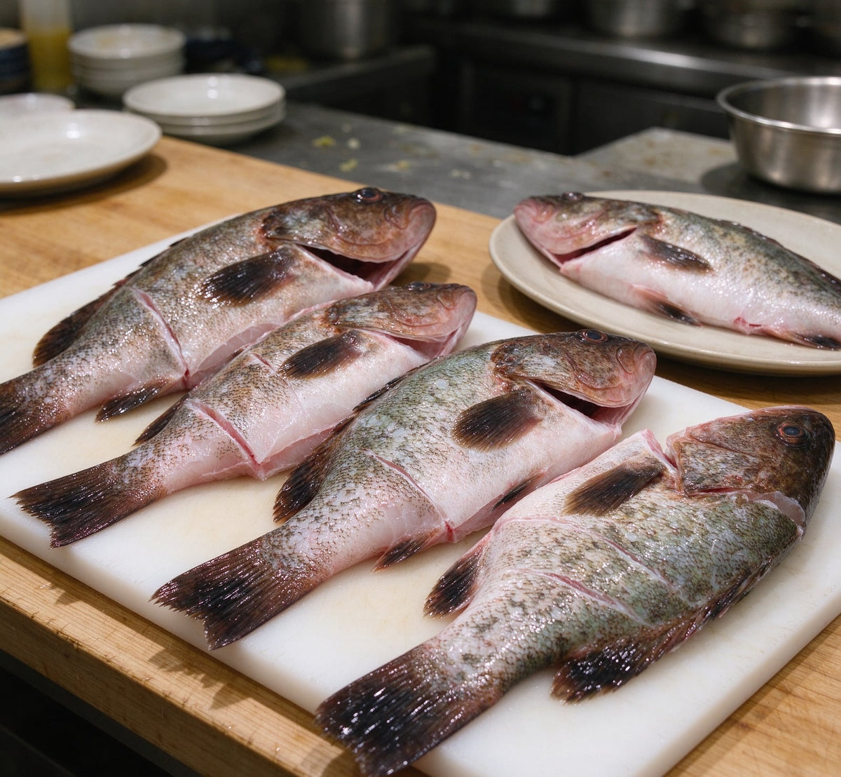 Fresh whole grouper cut into thick sections on a white board
