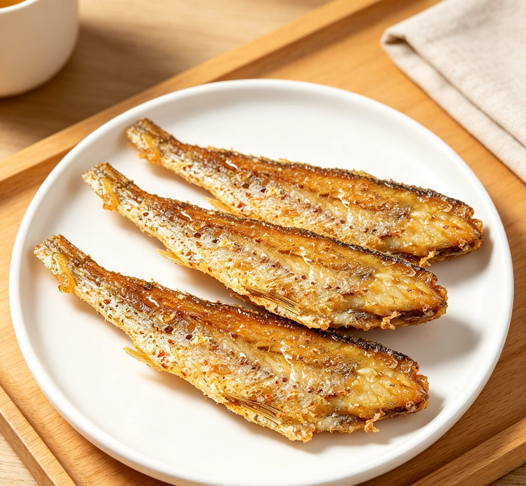 Golden pan-fried yellow croaker fish on a wooden board (2)