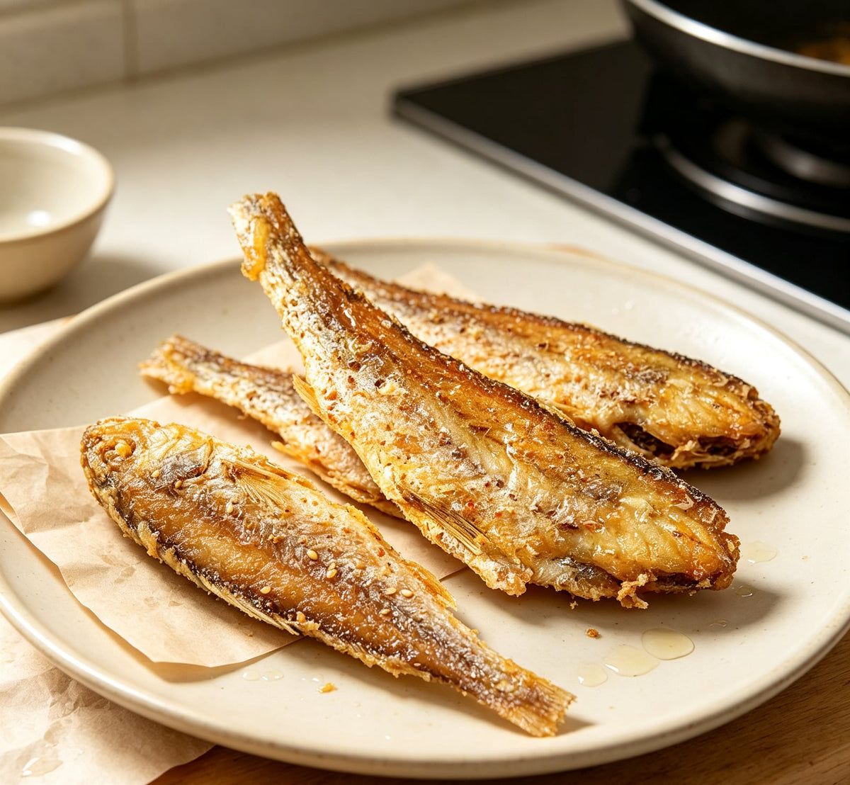 Golden pan-fried yellow croaker fish on a wooden board (3)