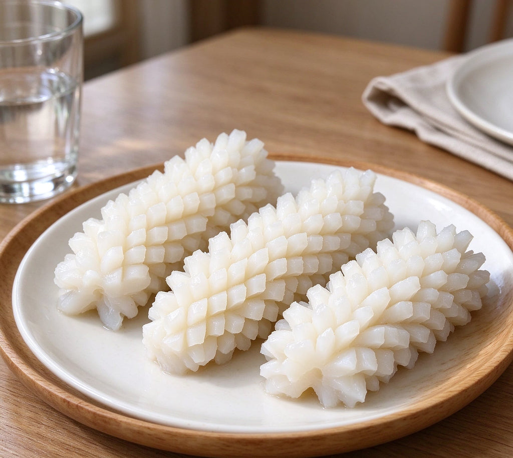 Fresh white scored squid slices on a ceramic plate