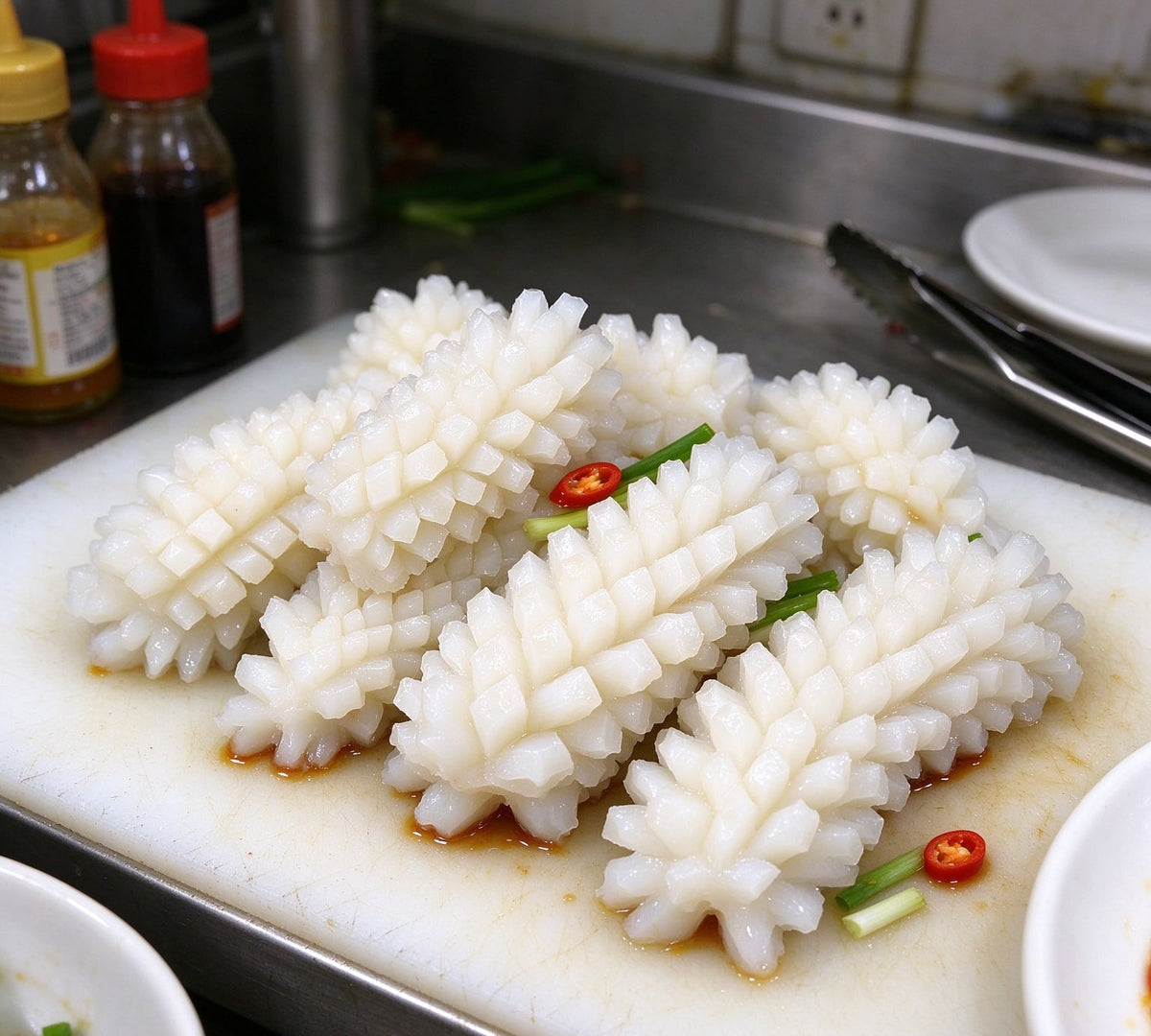Fresh white scored squid slices on a ceramic plate (2)