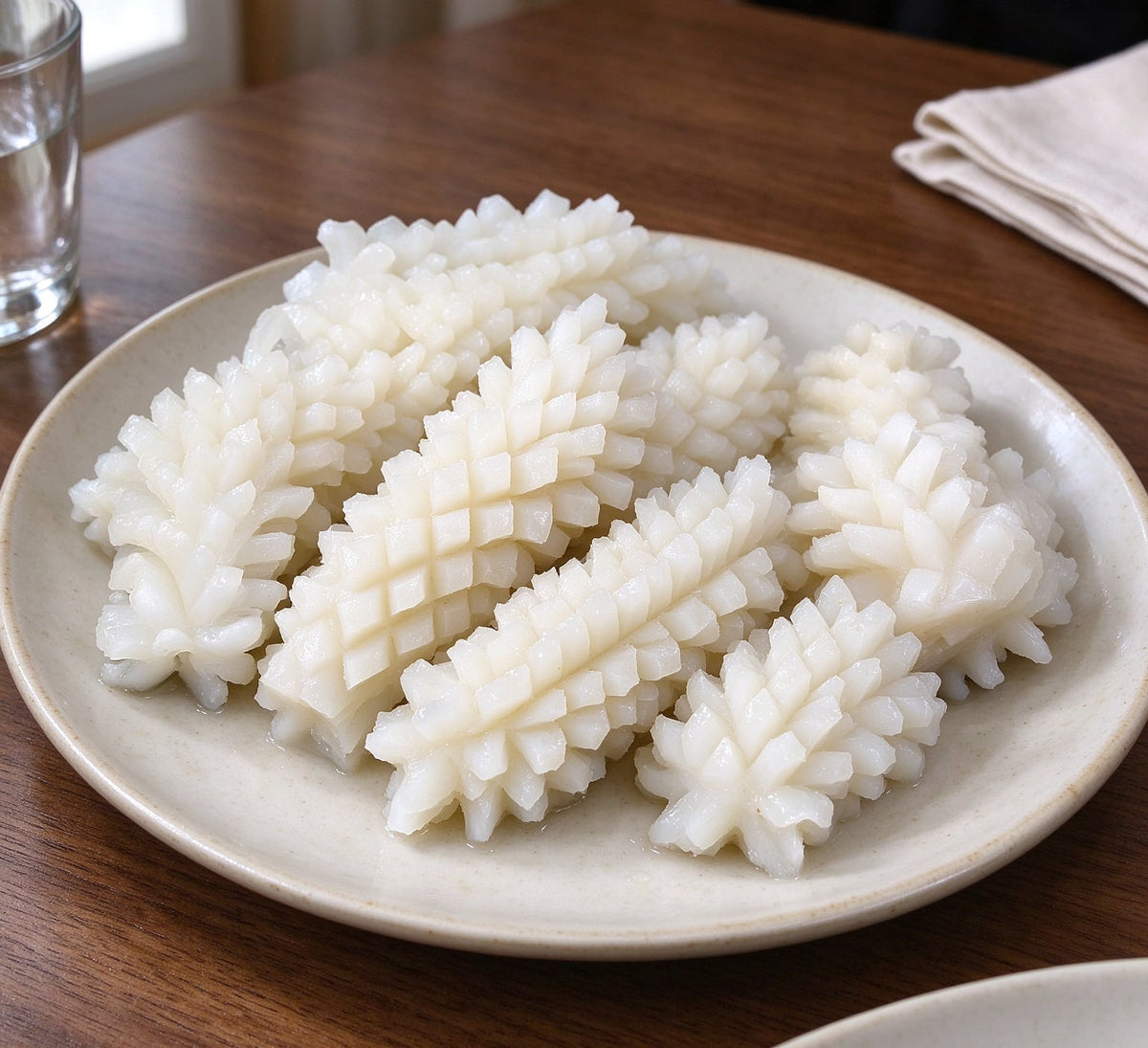 Fresh white scored squid slices on a ceramic plate (3)