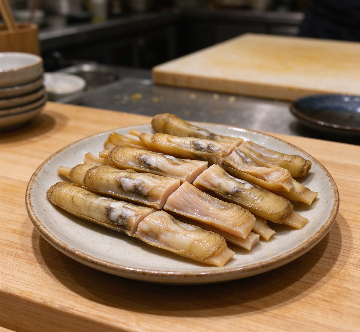 Fresh bamboo clams arranged on a ceramic plate