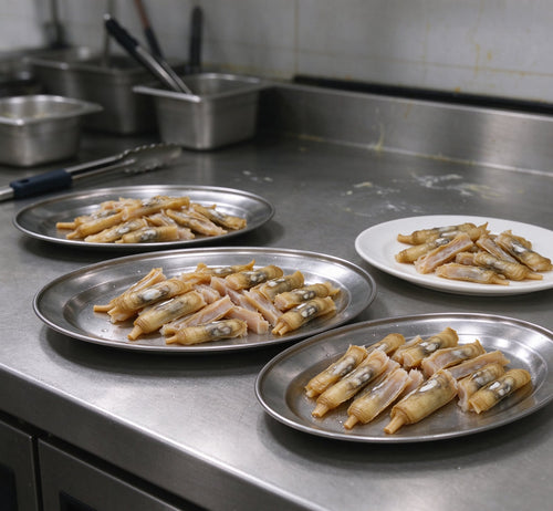 Fresh bamboo clams arranged on a ceramic plate (2)