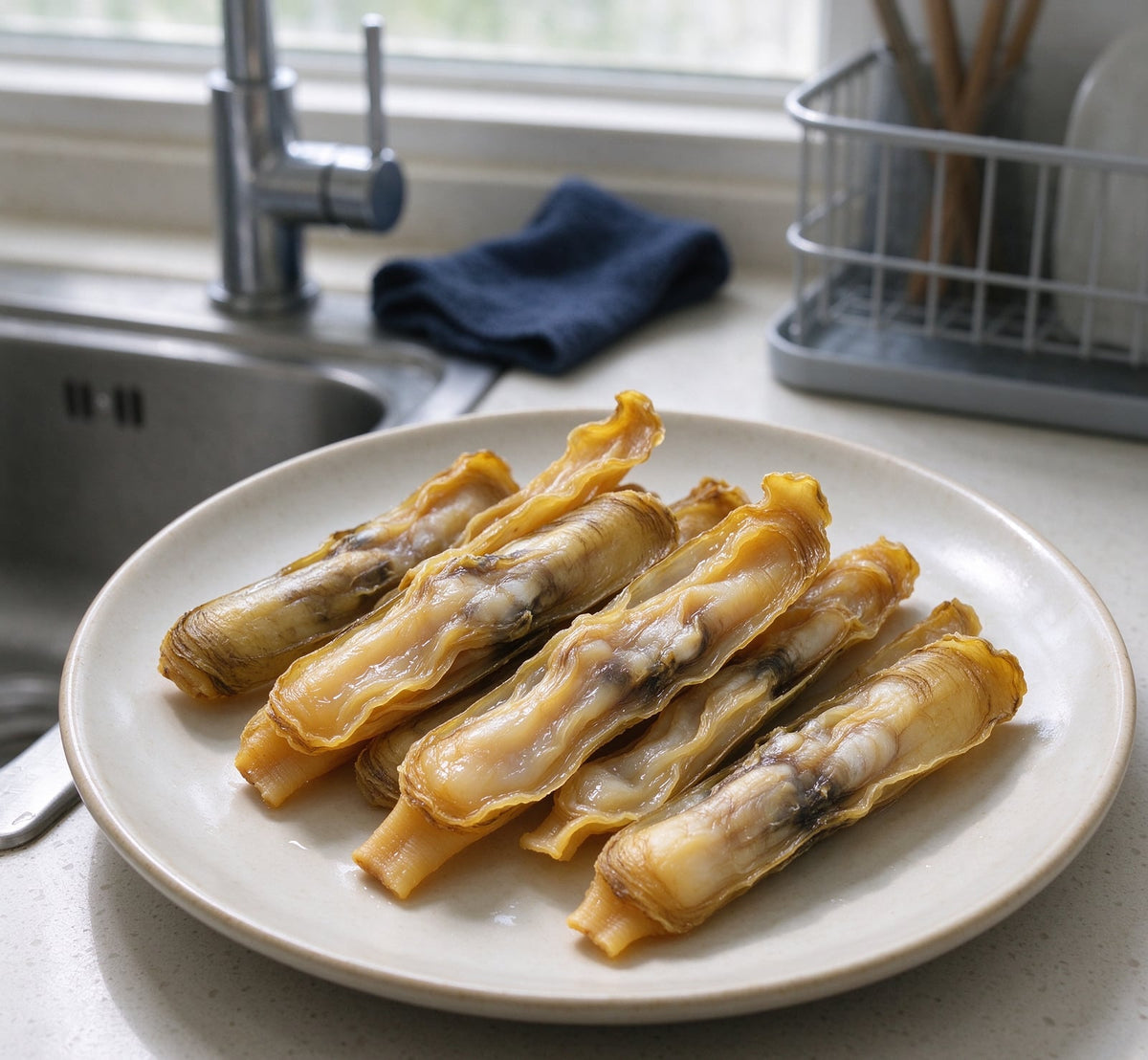 Fresh bamboo clams arranged on a ceramic plate (3)